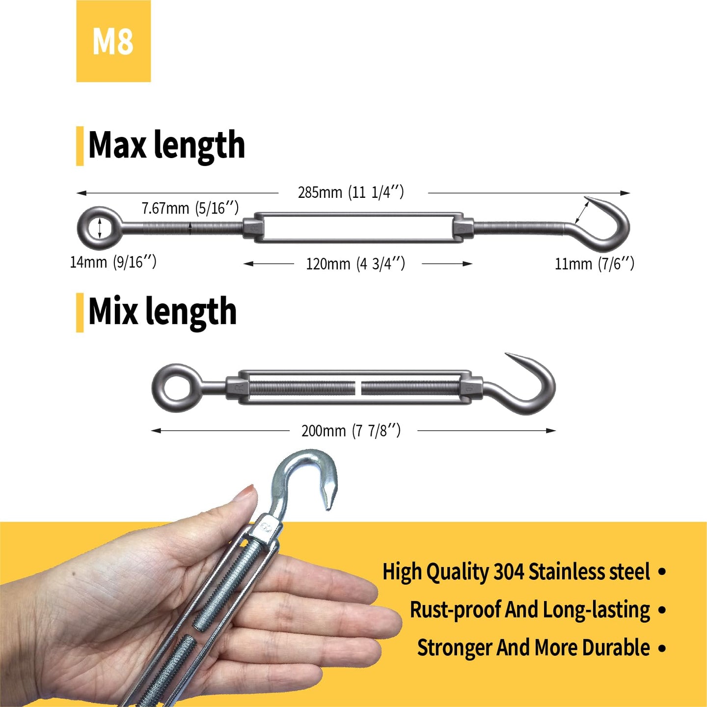 Large M8 size stainless steel cable tensioner showing open and closed length dimensions