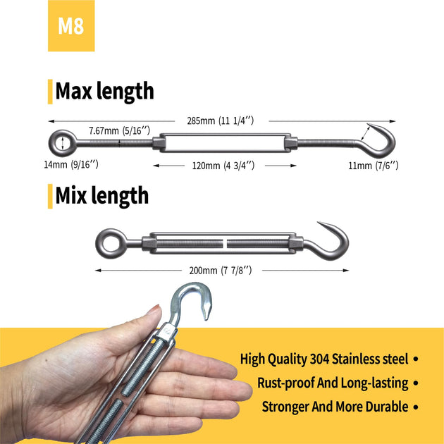 Large M8 size stainless steel cable tensioner showing open and closed length dimensions
