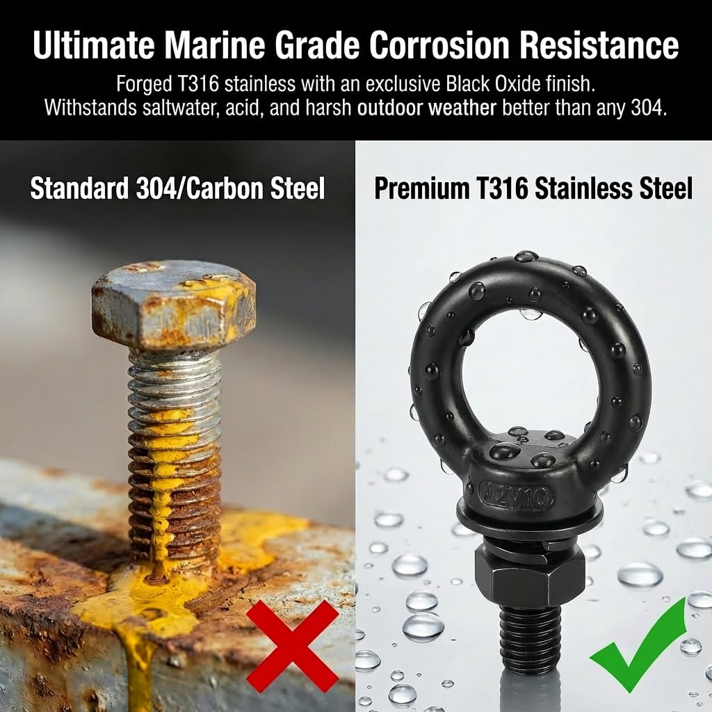 Visual comparison proving the superior rust resistance of RiaYer's marine-grade black coated eye bolt compared to standard, heavily oxidized steel hardware.