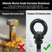 Visual comparison proving the superior rust resistance of RiaYer's marine-grade black coated eye bolt compared to standard, heavily oxidized steel hardware.