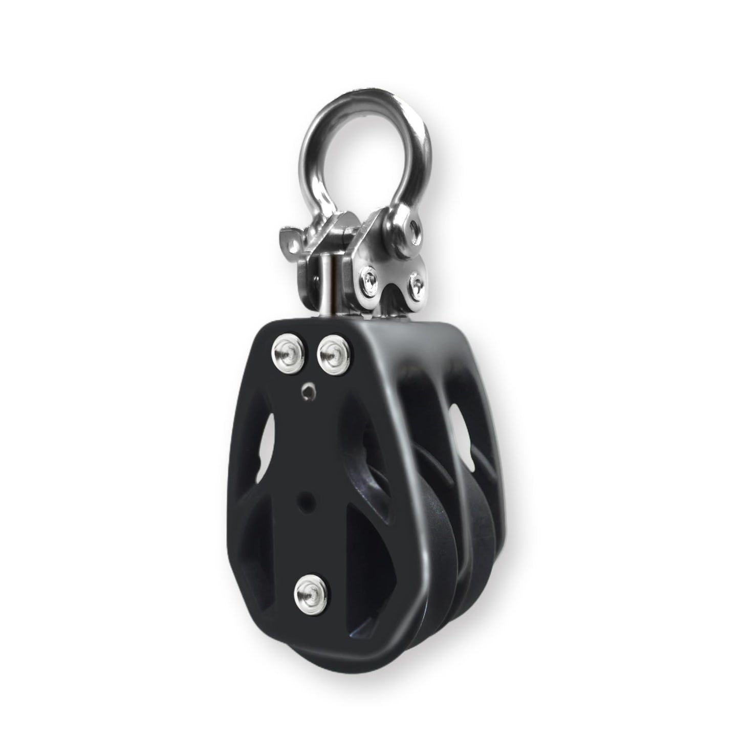 Features of the RiaYer marine grade nylon pulley including a stable fixed head and double sheaves.