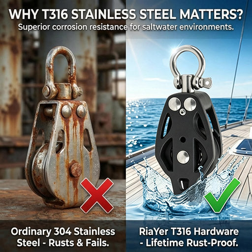 Quality comparison graphic showing a rusted traditional pulley next to a rust-proof, marine-grade black stainless steel pulley block by RiaYer.