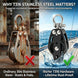 Quality comparison graphic showing a rusted traditional pulley next to a rust-proof, marine-grade black stainless steel pulley block by RiaYer.