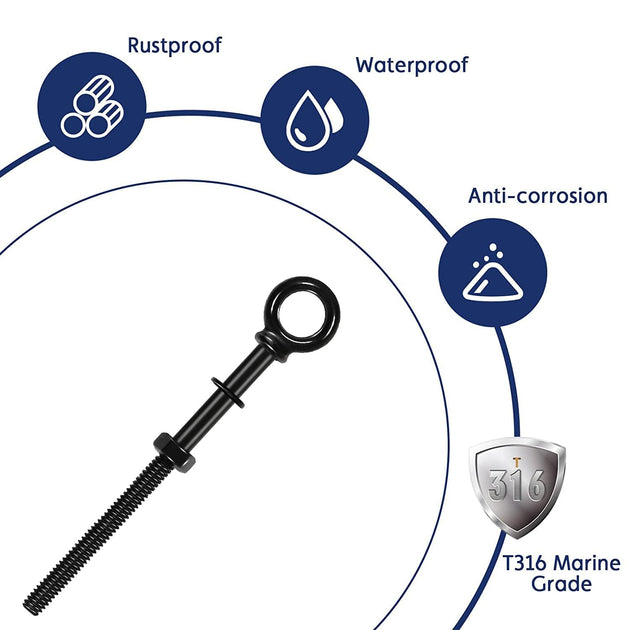 Product feature infographic highlighting the premium attributes of the stainless steel screw eye hook, emphasizing its high load capacity and rust-proof marine-grade finish.