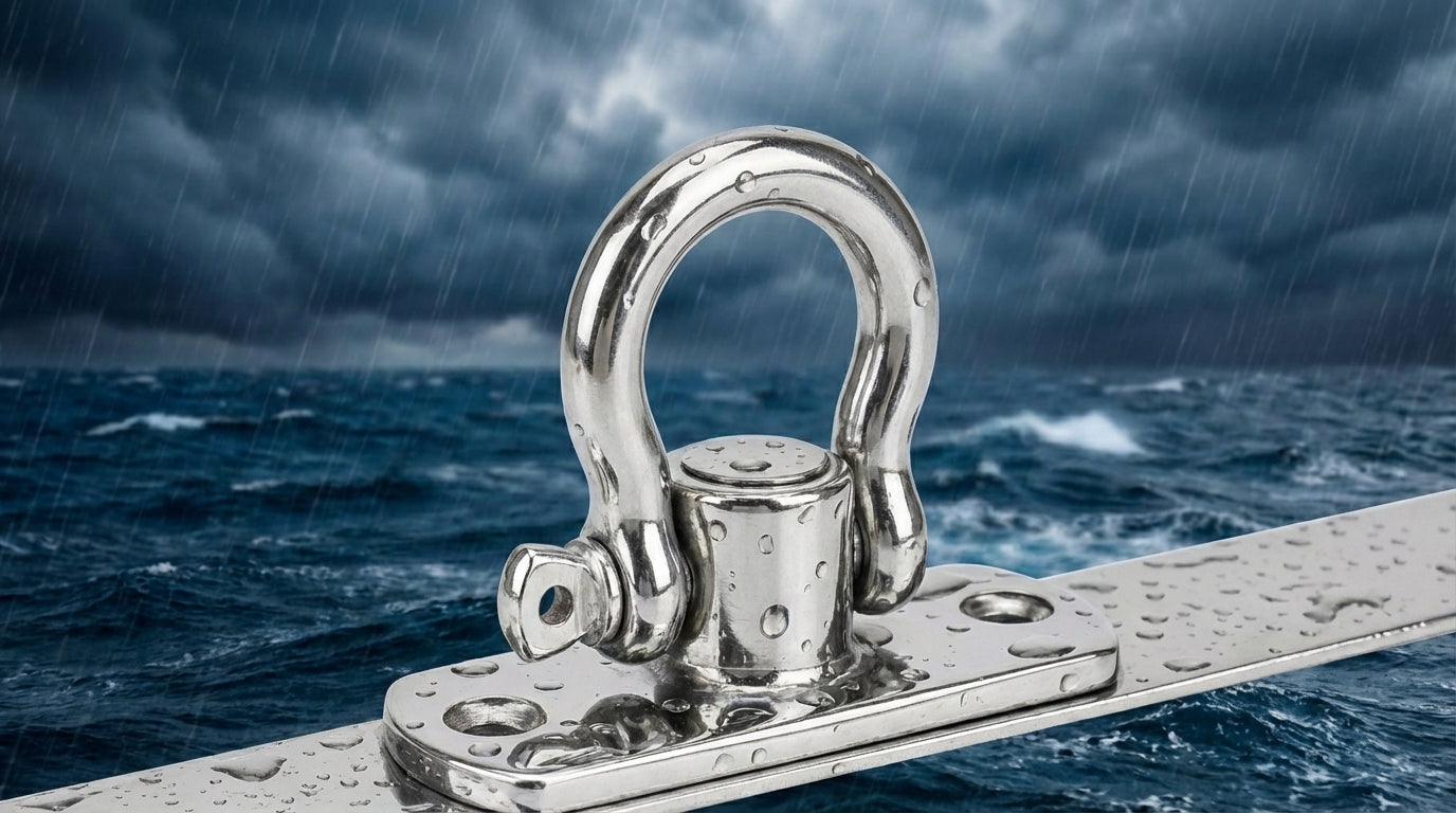 Stainless steel folding pad eye with water droplets against a dark, stormy ocean background.