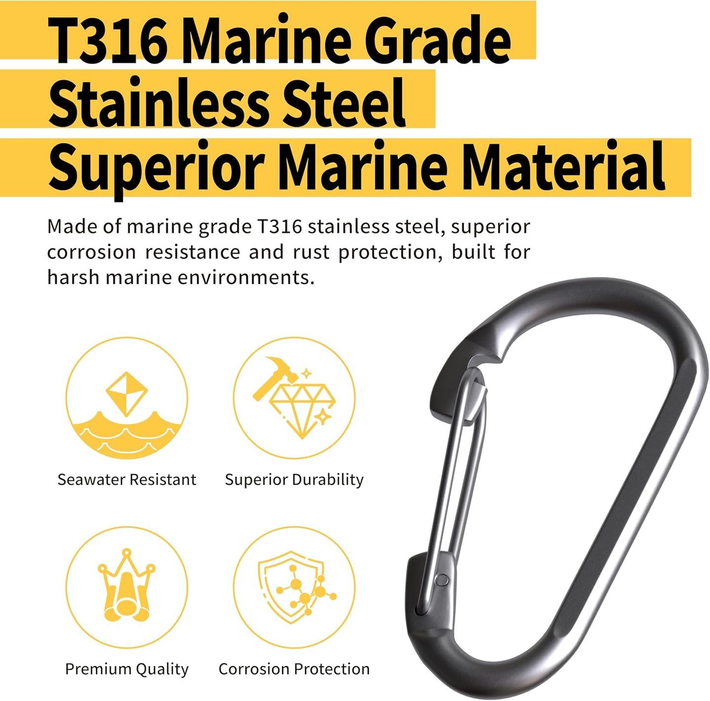 Superior marine material icons showing rust and corrosion resistance for RiaYer hooks.