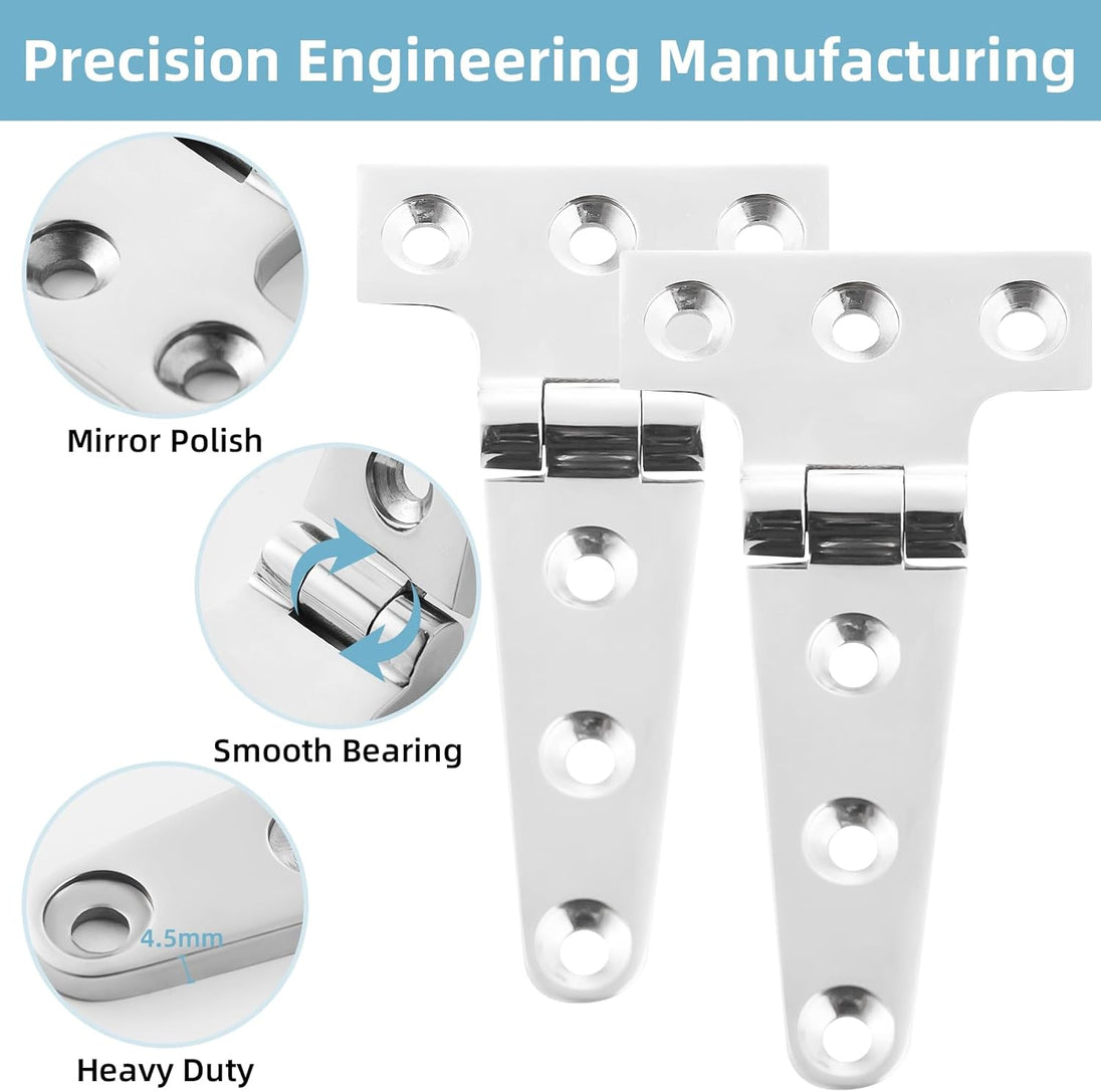 Heavy duty 4 inch marine T hinge with matching 316 stainless steel mounting screws