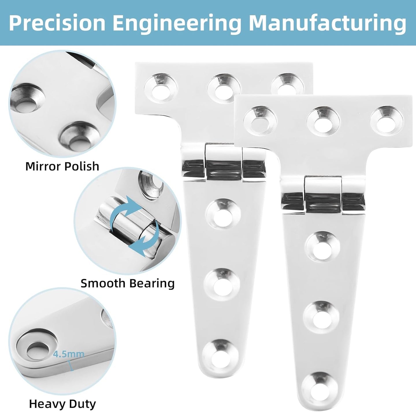 Heavy duty 4 inch marine T hinge with matching 316 stainless steel mounting screws