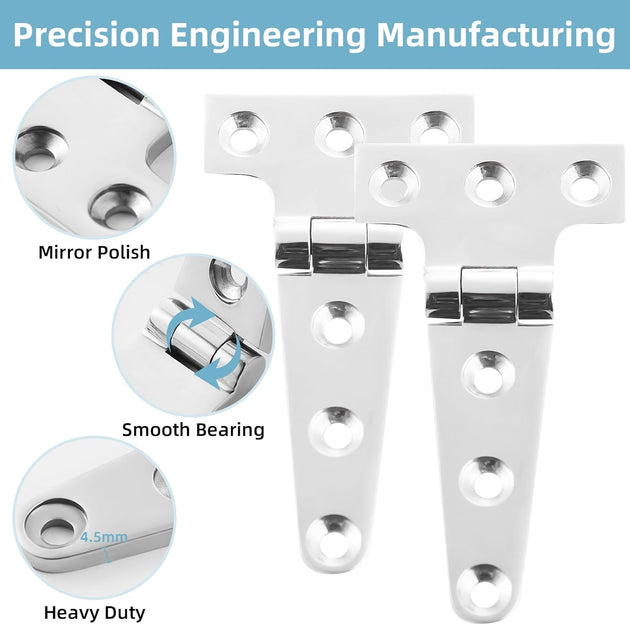 Heavy duty 4 inch marine T hinge with matching 316 stainless steel mounting screws