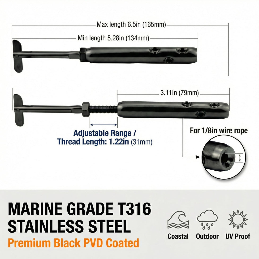 Detailed dimension blueprint for the marine grade T316 stainless steel toggle turnbuckle, showcasing its adjustable tension range and premium black PVD coated UV-proof finish.