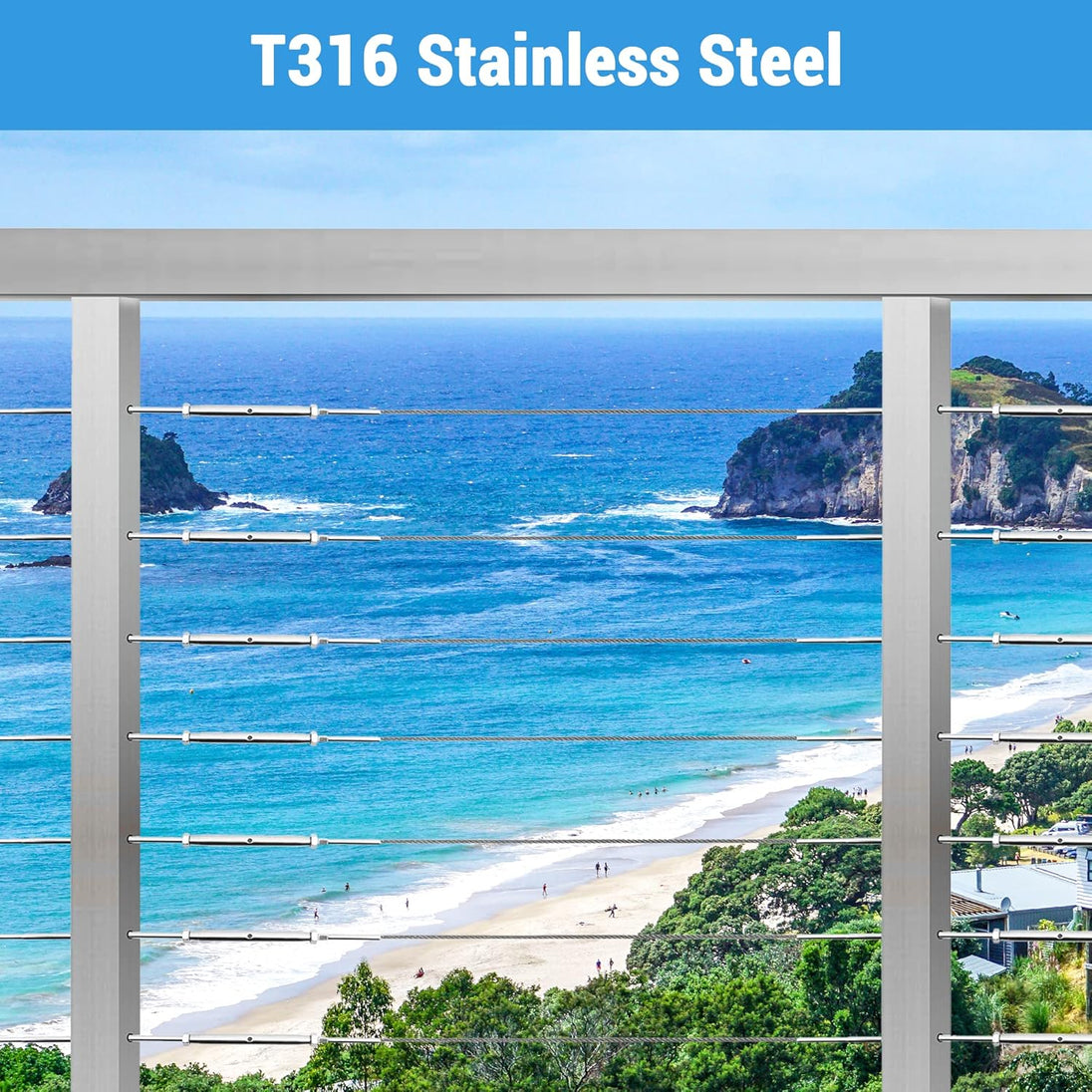 Polished silver T316 stainless steel cable railing hardware resisting ocean corrosion