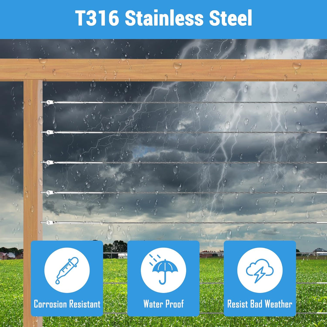 Marine grade T316 stainless steel cable railing hardware offering rust proof performance in bad weather.