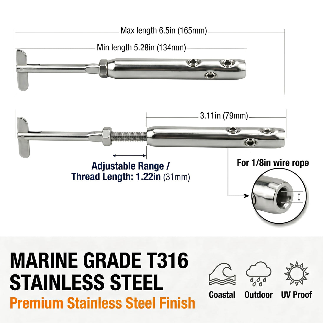 Detailed dimension blueprint for the marine grade T316 stainless steel toggle turnbuckle, showcasing its adjustable tension range and UV-proof, weather-resistant finish.