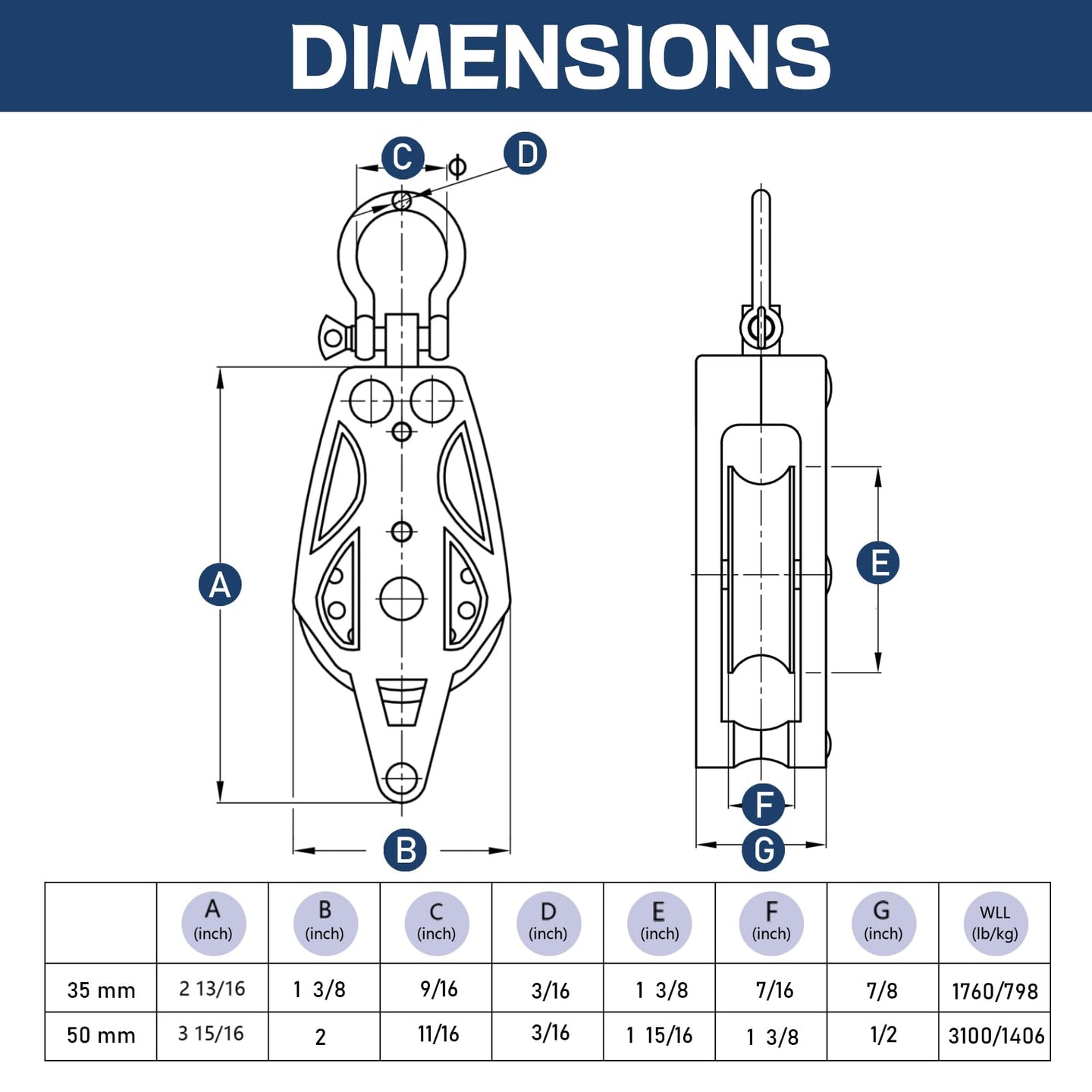 Detailed dimensions and size chart for RiaYer 35mm and 50mm marine pulley blocks.