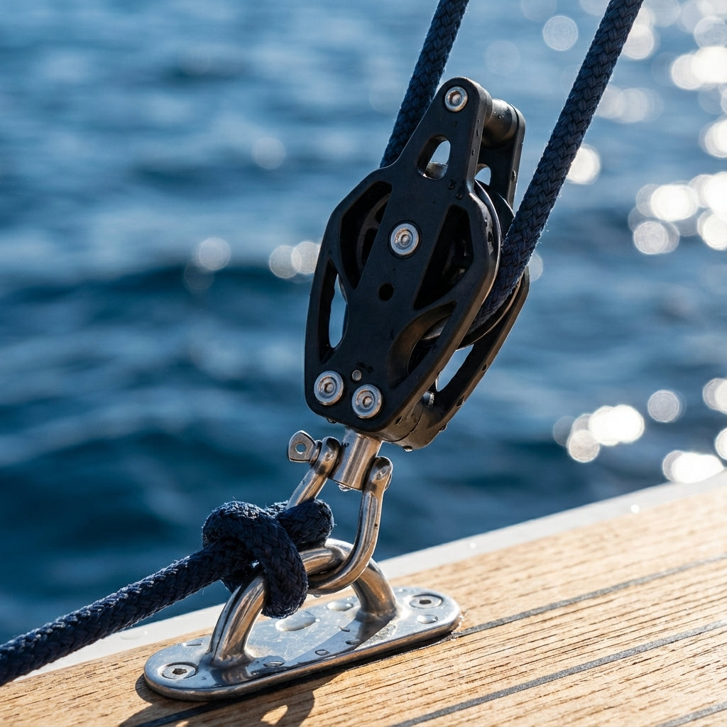 RiaYer marine pulley block in use on a yacht rigging system.