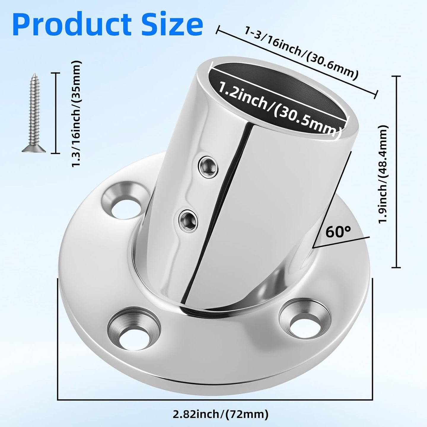 Dimensions of 1.2 inch inner diameter and 1.43 inch outer diameter boat rail base fitting