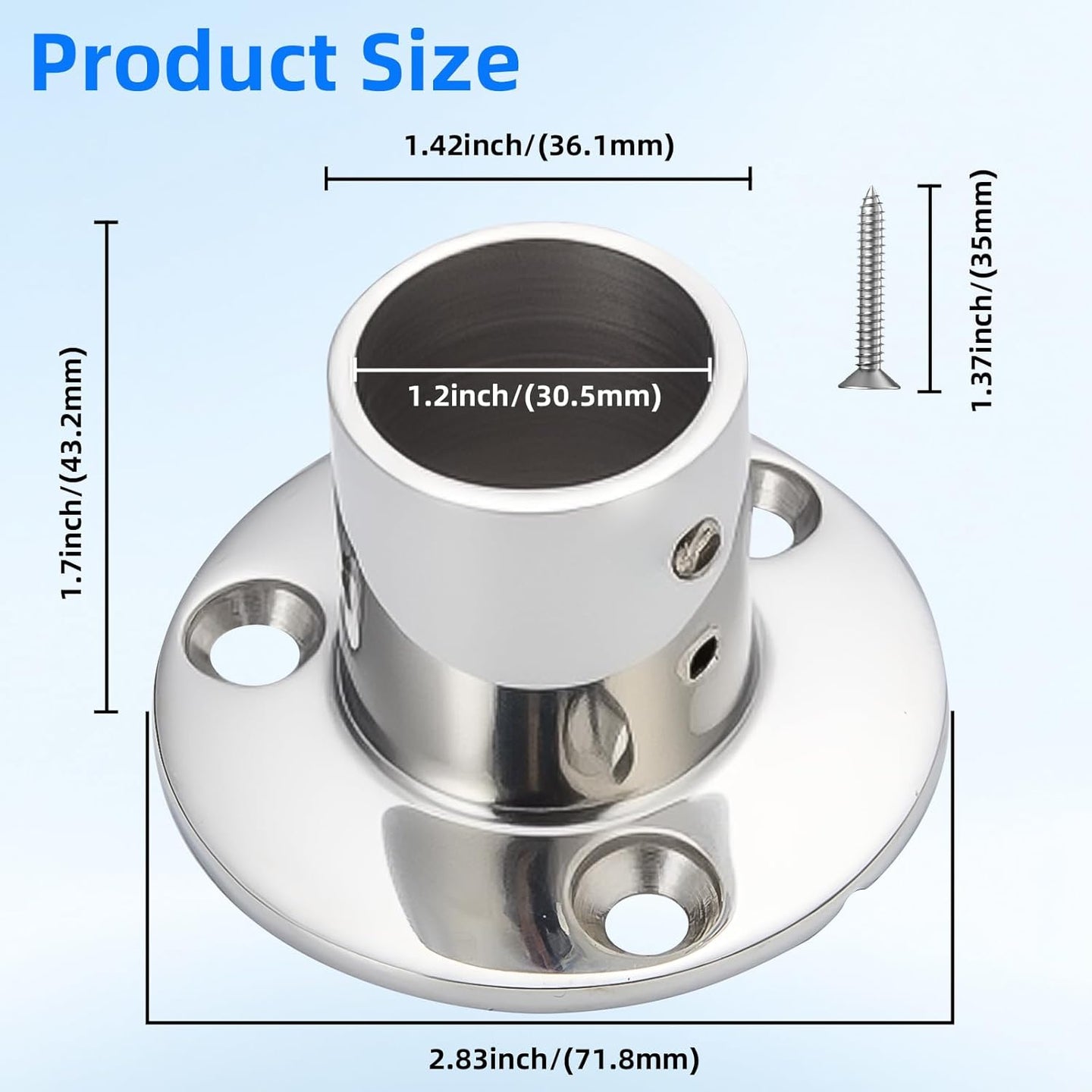 Dimensions of 1.2 inch inner diameter and 1.43 inch outer diameter 90 degree boat rail base