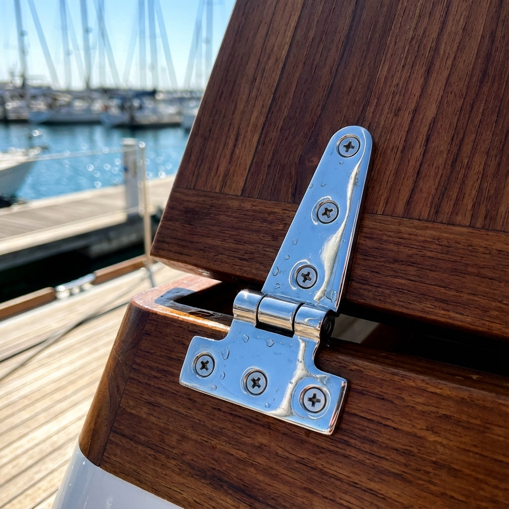 4 inch stainless steel T hinge installed on a wooden boat hatch