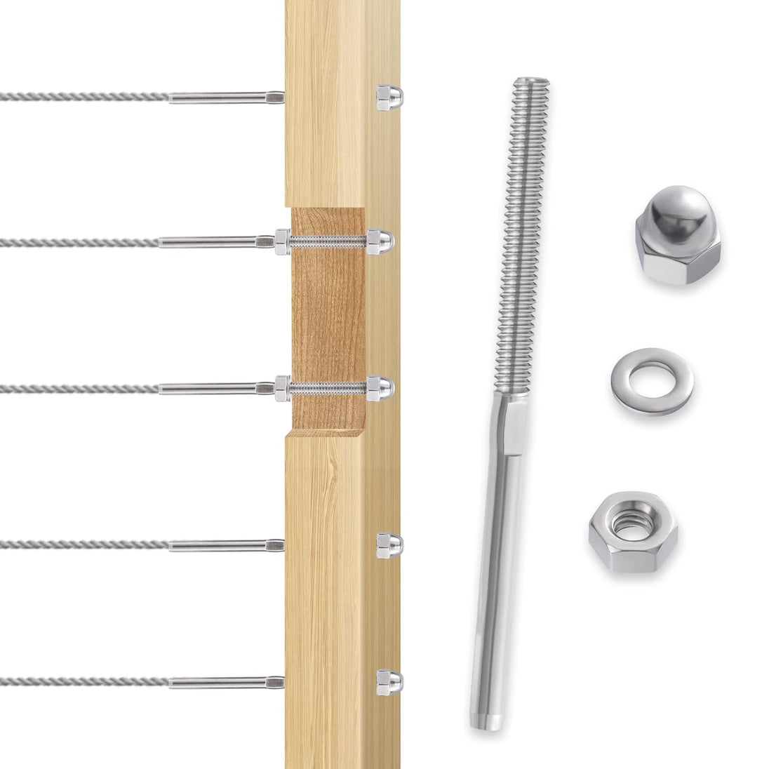 System layout demonstrating RiaYer threaded stud tensioners used on both metal and wood posts.