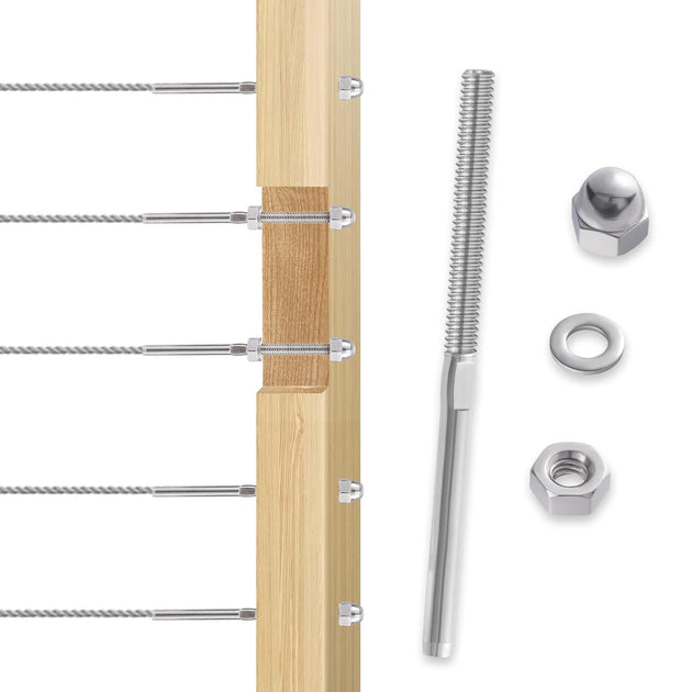System layout demonstrating RiaYer threaded stud tensioners used on both metal and wood posts.