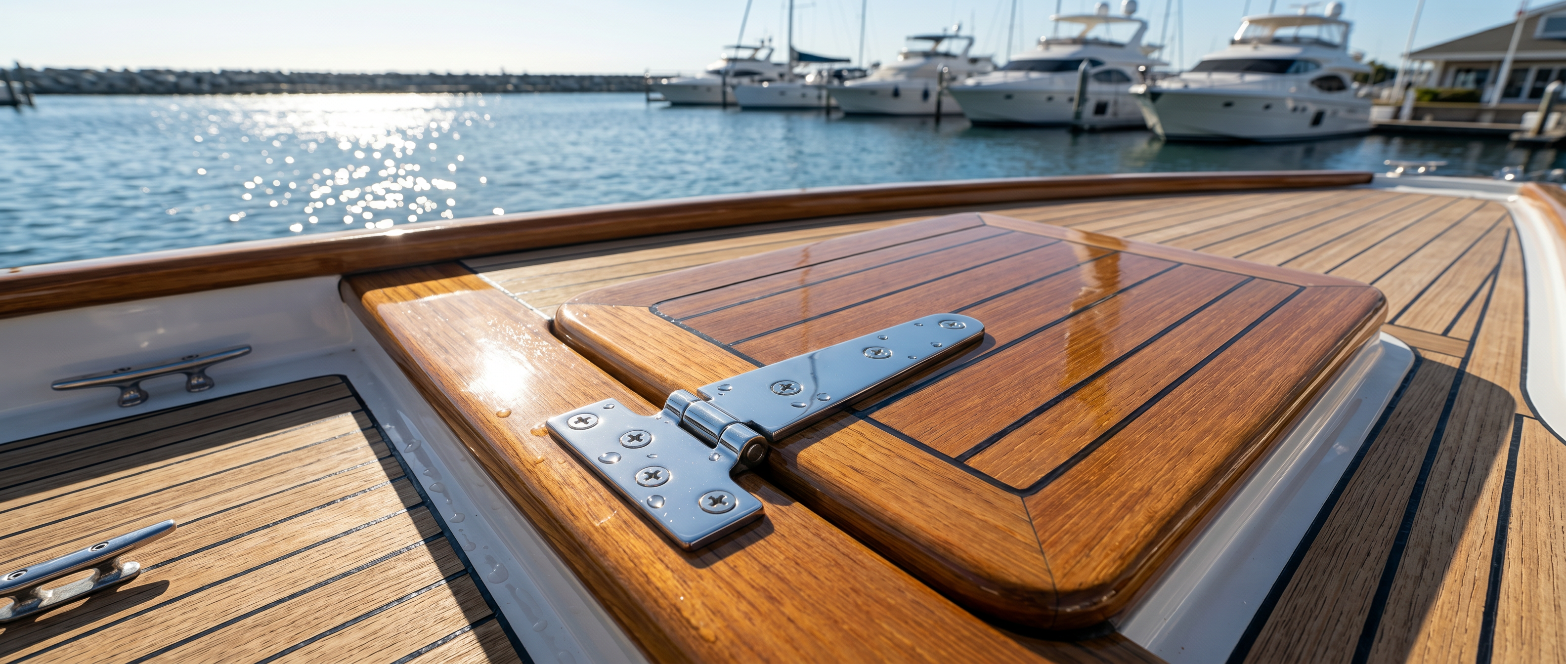 Close-up of a heavy-duty, mirror-polished T316 stainless steel marine T-hinge installed on a glossy teak wood boat hatch. Water droplets rest on the varnished deck with sparkling blue ocean water in the background, showcasing premium rust-proof yacht hardware.