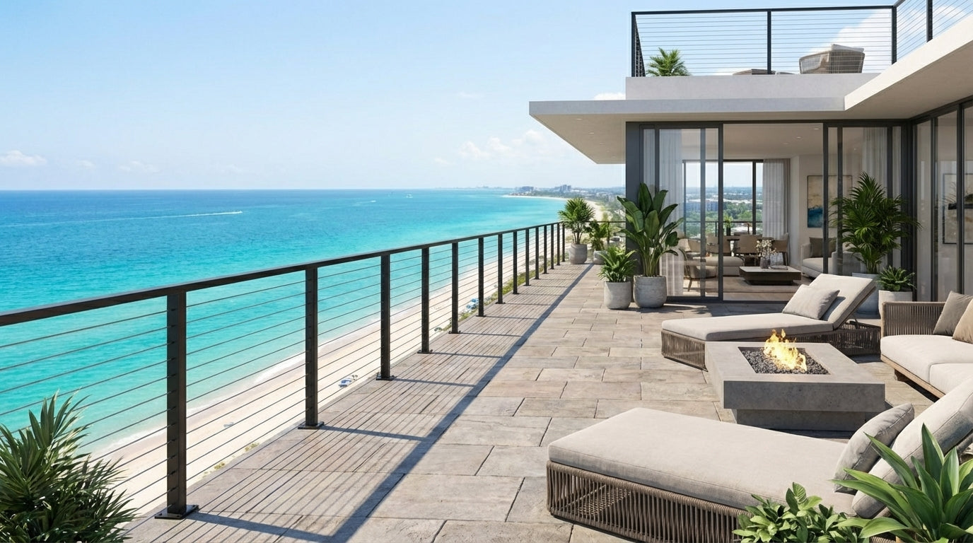 A modern luxury outdoor terrace featuring a sleek black metal post cable railing system, offering an unobstructed view of the beach and blue ocean.