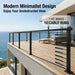 Modern minimalist outdoor deck featuring a sleek black metal cable railing system with unobstructed ocean views. One hardware kit easily makes 10 complete cable runs.