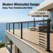 Modern minimalist outdoor deck featuring a sleek black metal cable railing system with unobstructed ocean views. One hardware kit easily makes 10 complete cable runs.