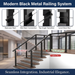 System layout guide for building a modern black metal railing system. Shows seamless integration of the black invisible fittings for staircase starts, mid-stair connections, and level runs.