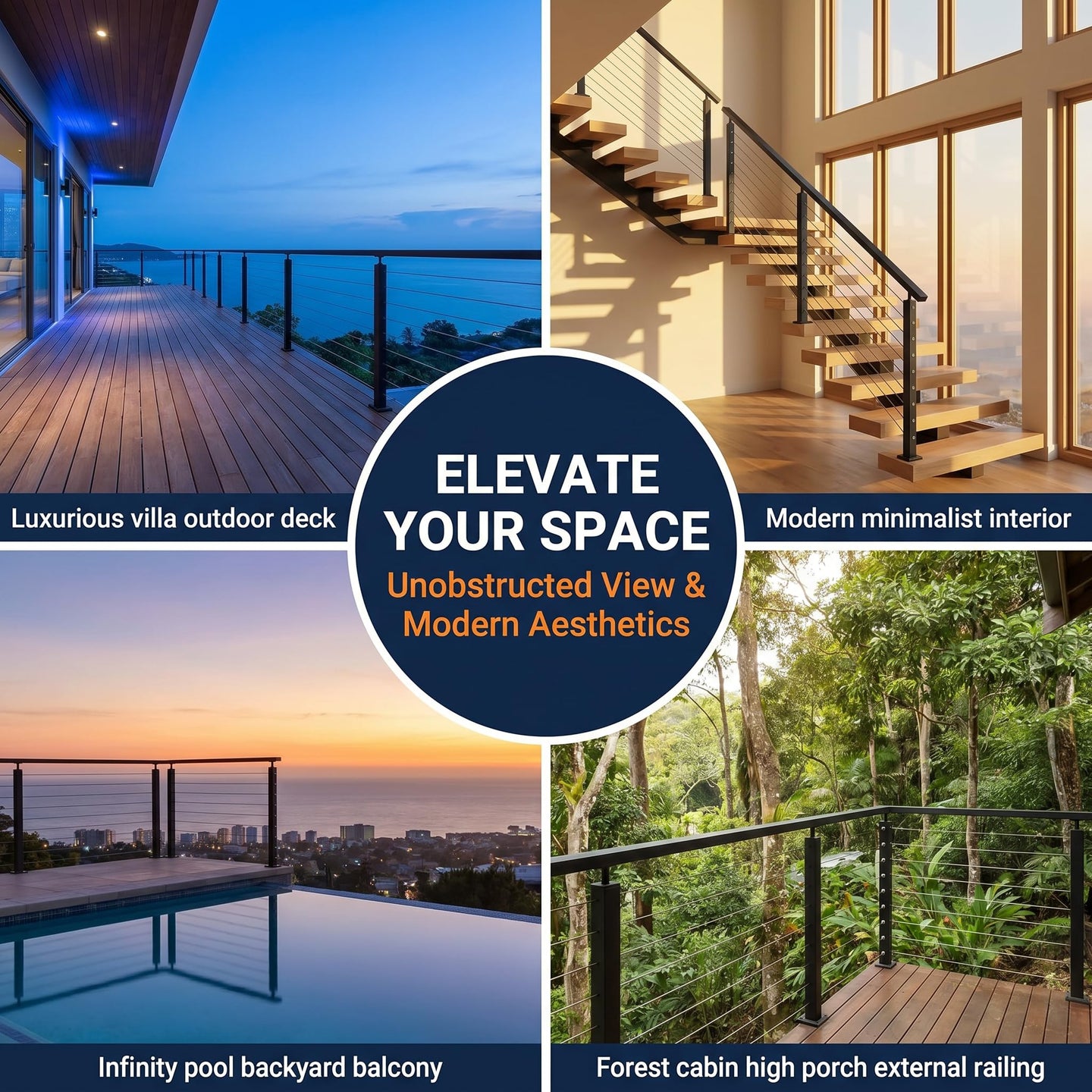 Modern cable railing providing unobstructed views for outdoor decks, balconies, and indoor stairs