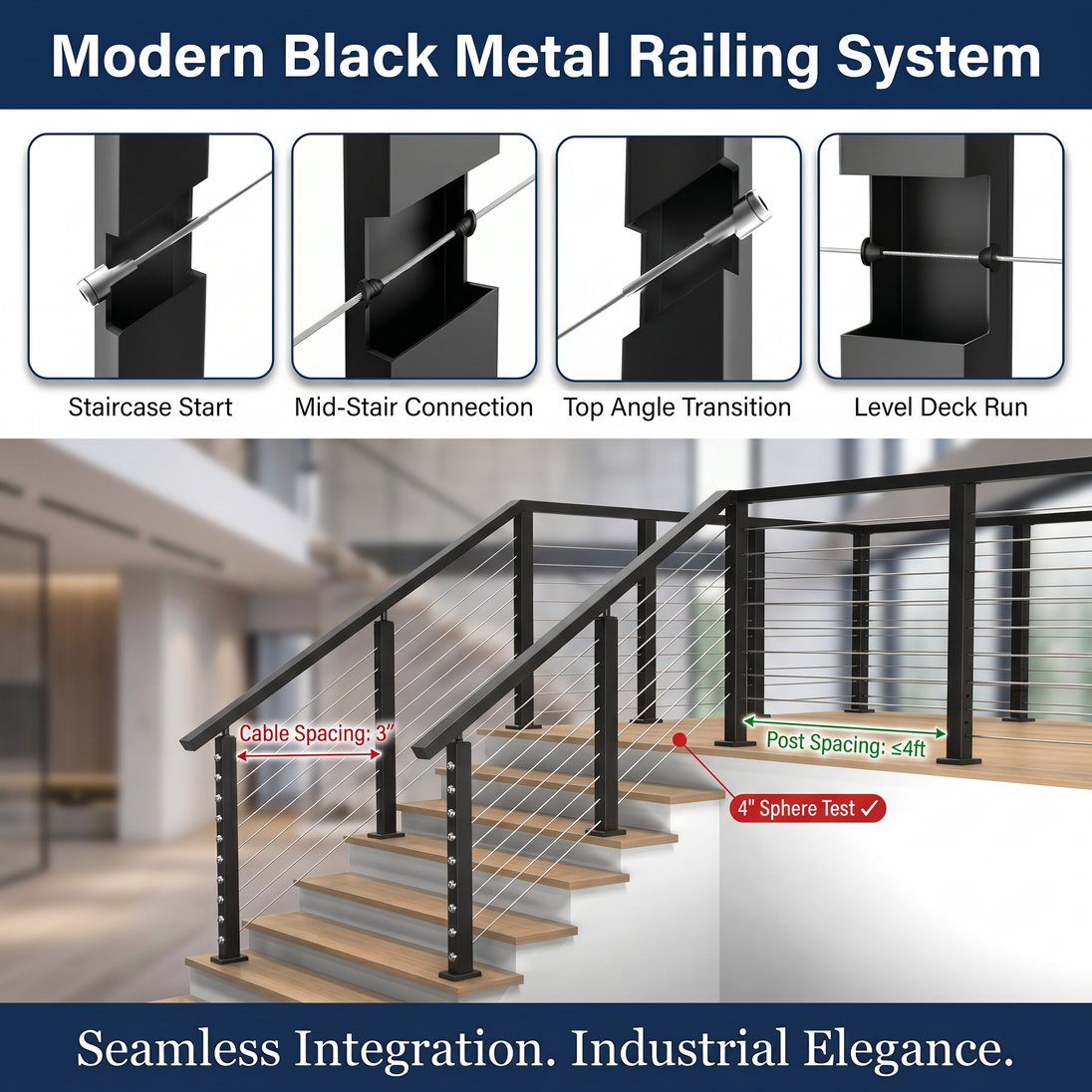 System layout guide for building a modern metal post cable railing system. Diagrams show seamless integration for staircase starts, mid-stair connections, top angle transitions, and level deck runs.