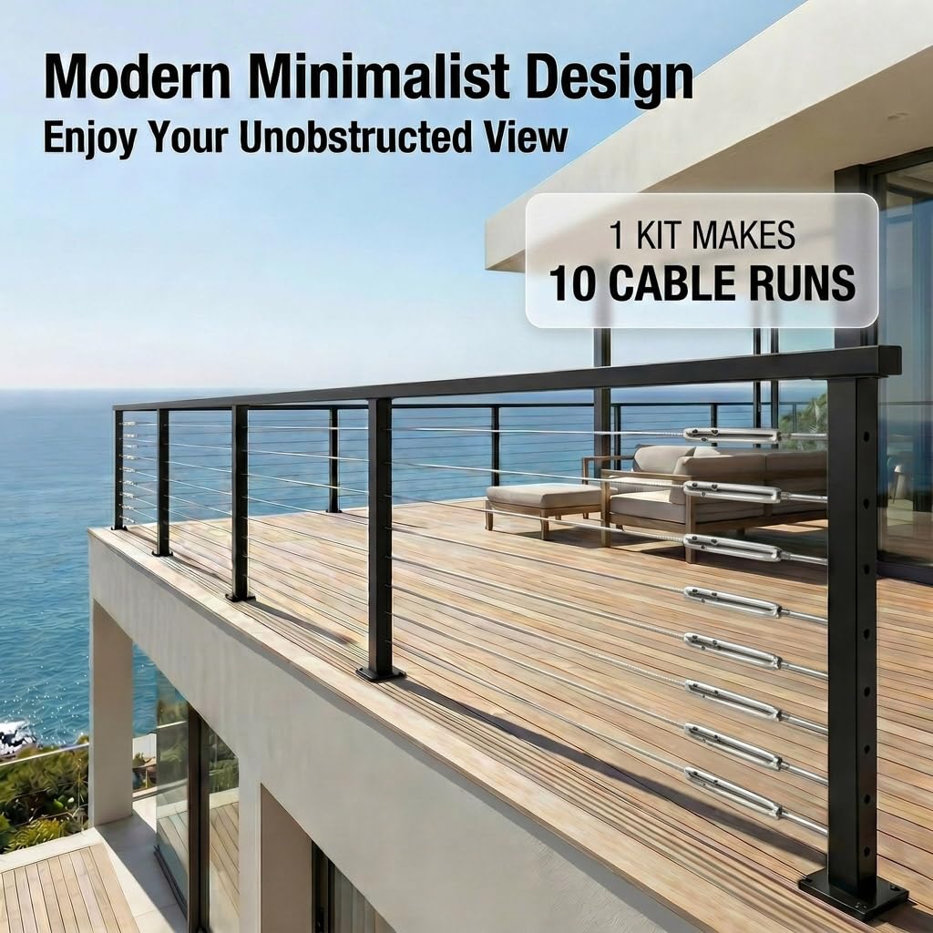 Modern minimalist outdoor deck featuring a sleek cable railing system with unobstructed ocean views. One hardware kit easily makes 10 complete cable runs.