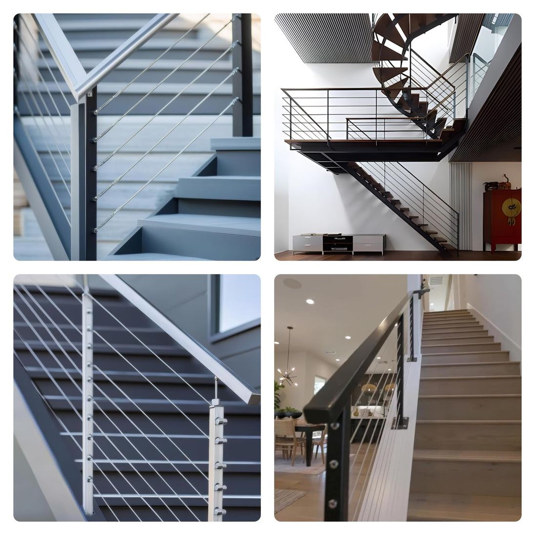 	Modern staircase design utilizing RiaYer black cable railing hardware and beveled washers.