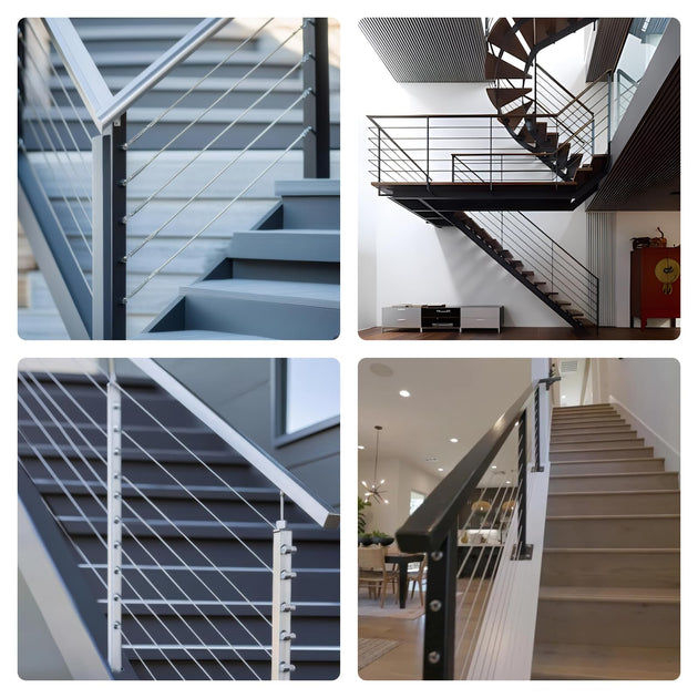 	Modern staircase design utilizing RiaYer black cable railing hardware and beveled washers.