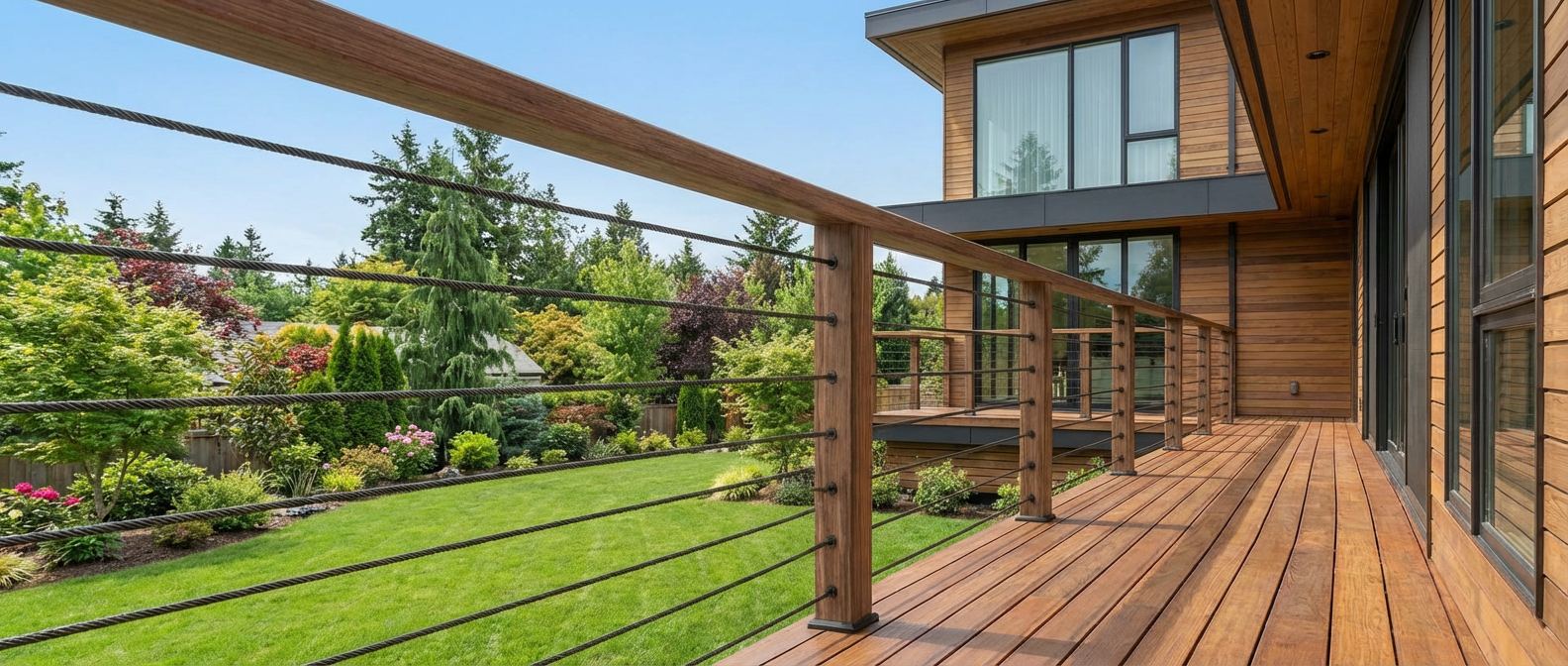 A beautiful outdoor wood deck featuring a sleek black cable railing system installed on wooden posts. The nearly invisible black horizontal wire ropes and protective sleeves provide a safe barrier while maintaining a clear, unobstructed view of the lush green backyard landscape.