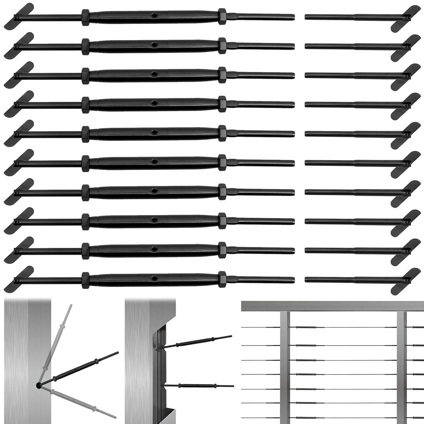 	Multiple black blade toggle tensioners installed flush on a square metal post