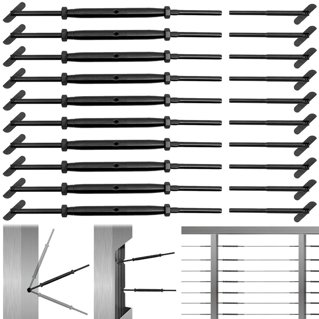 	Multiple black blade toggle tensioners installed flush on a square metal post