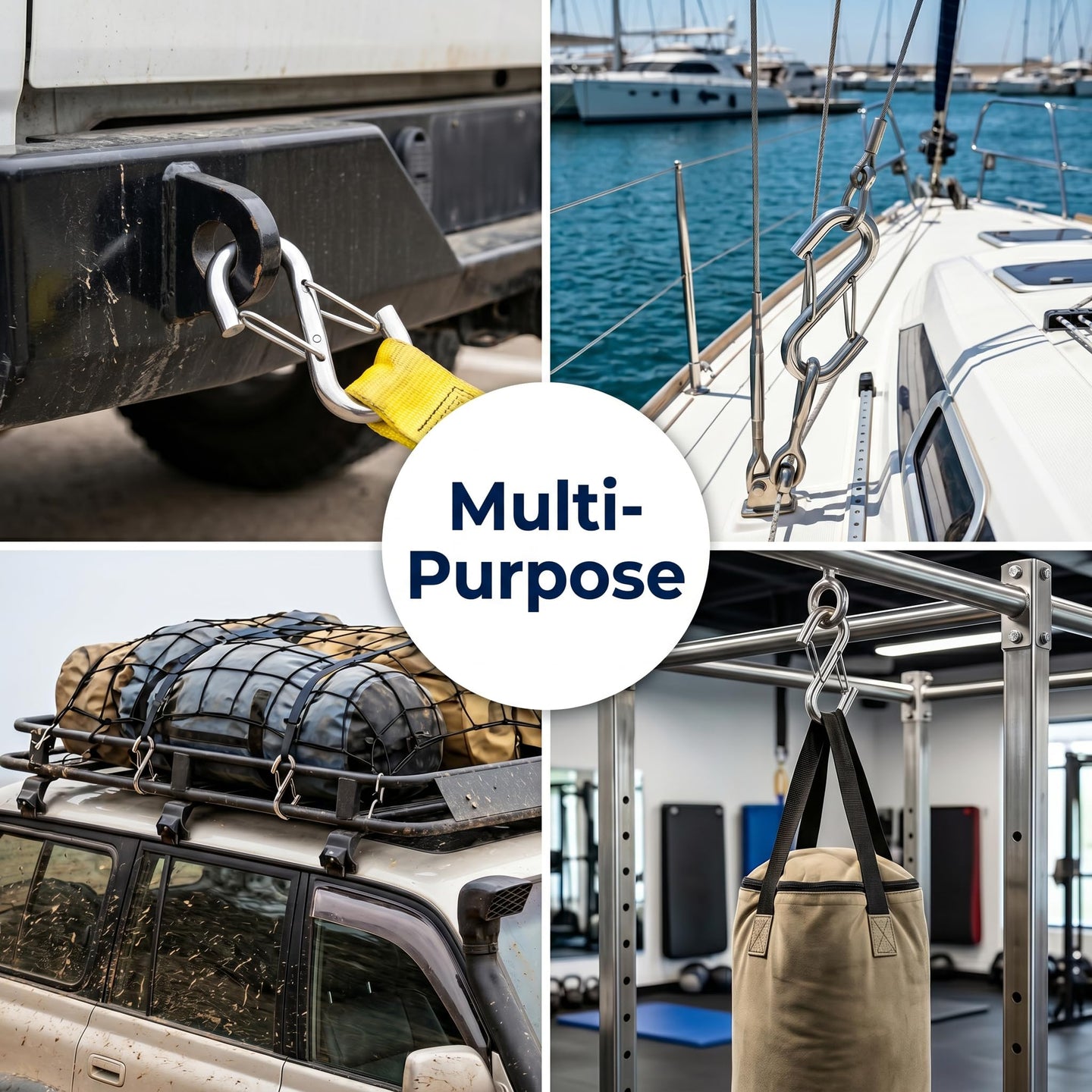 Multipurpose applications for 3/8 inch heavy duty S-hooks including trailer towing, truck tie downs, and rigging