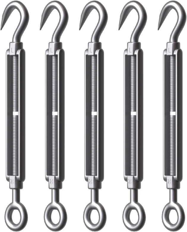 A 5-piece set of durable stainless steel tensioning hardware, specifically designed for securely setting up outdoor canopies and heavy sun shade sails.
