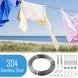 Heavy duty stainless steel clothesline drying wet laundry and quilts outdoors.