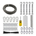 Complete DIY outdoor string light suspension kit, including coated stainless steel wire rope, turnbuckles, snap hooks, and installation accessories.