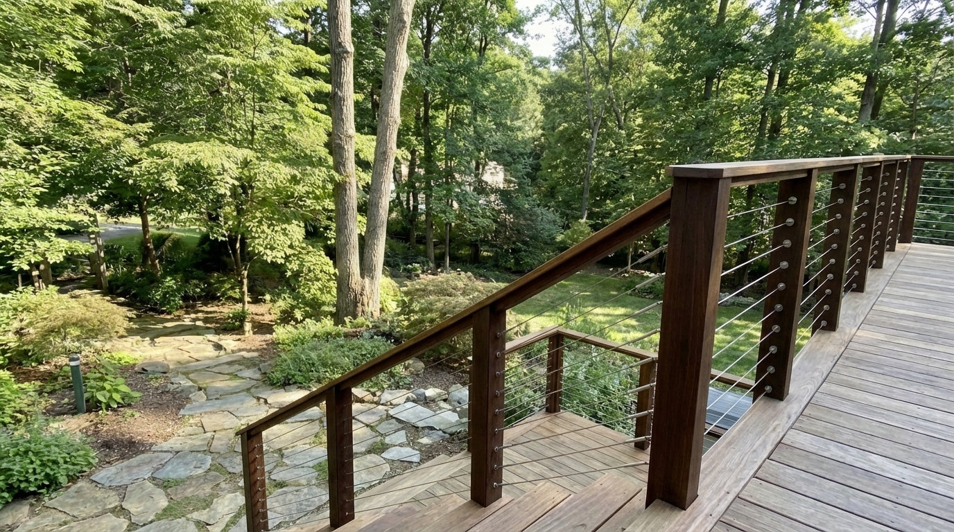 A wooden outdoor deck and staircase featuring a modern cable railing system with dark wood posts. The stainless steel wire provides safety while maintaining a clear view of the lush green forest and stone garden path below.