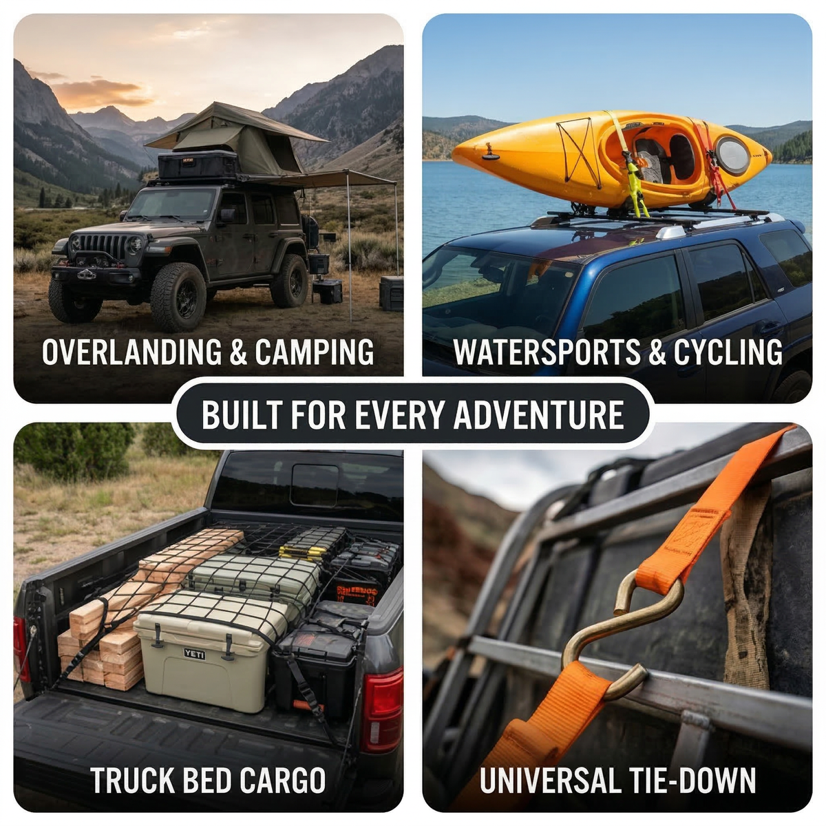 Versatile overlanding and water sports applications for RiaYer roof rack tie down anchors.