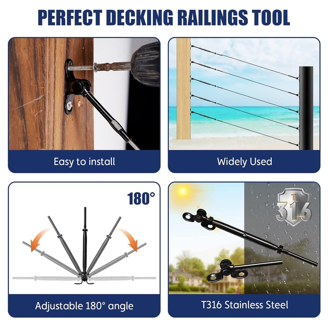 RiaYer black cable railing hardware functioning as the perfect decking tool with 180 degree adjustable angles.