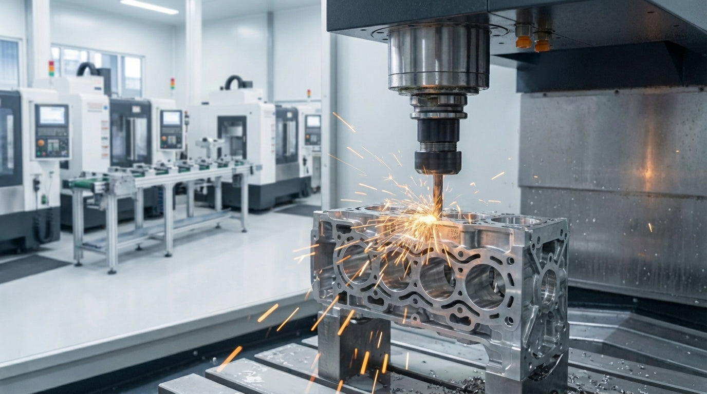 A CNC milling machine cutting a metal block and creating sparks inside a clean, modern manufacturing facility.