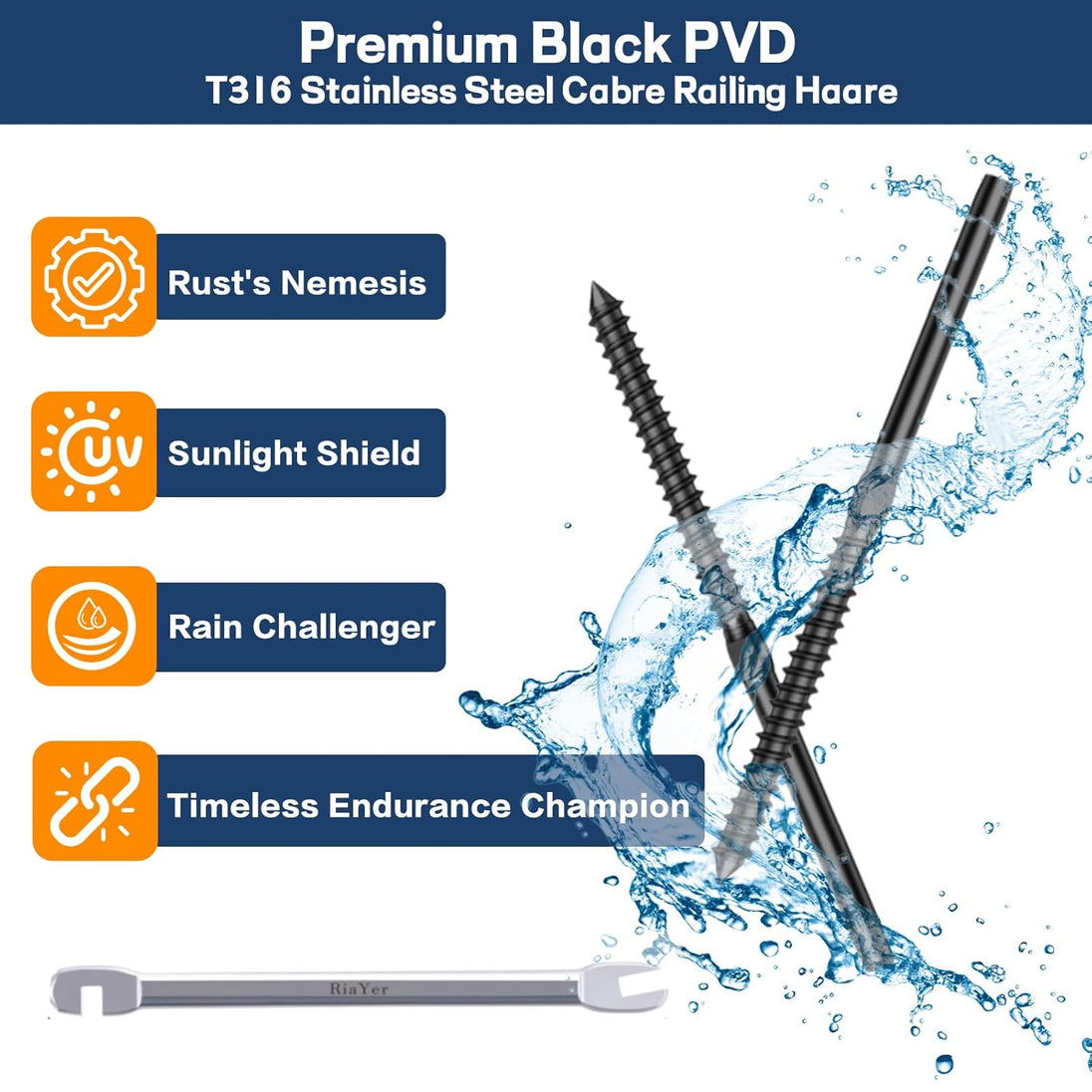 Premium black titanium PVD coating on RiaYer lag screws ensuring ultimate rust and UV resistance.