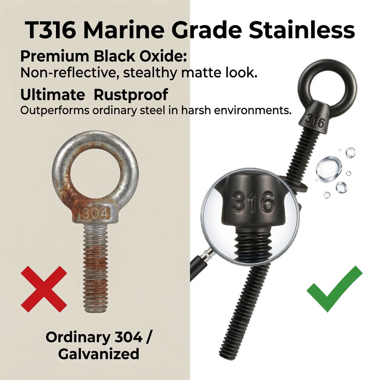Quality comparison infographic highlighting a premium marine-grade black stainless steel eye bolt with superior rust resistance over standard hardware.