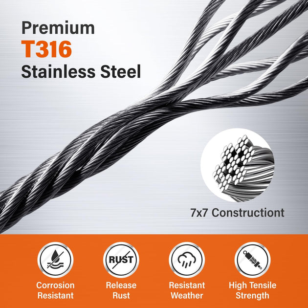 Premium T316 black stainless steel wire rope featuring corrosion and weather resistant properties.