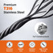 Graphic highlighting the premium T316 marine-grade stainless steel core of the black wire rope, ensuring ultimate durability and rust prevention before the vinyl coating is applied.