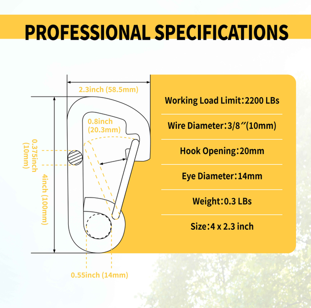 Professional specifications chart detailing the exact dimensions, eyelet diameter, and gate opening for the heavy-duty stainless steel rigging snap hook.